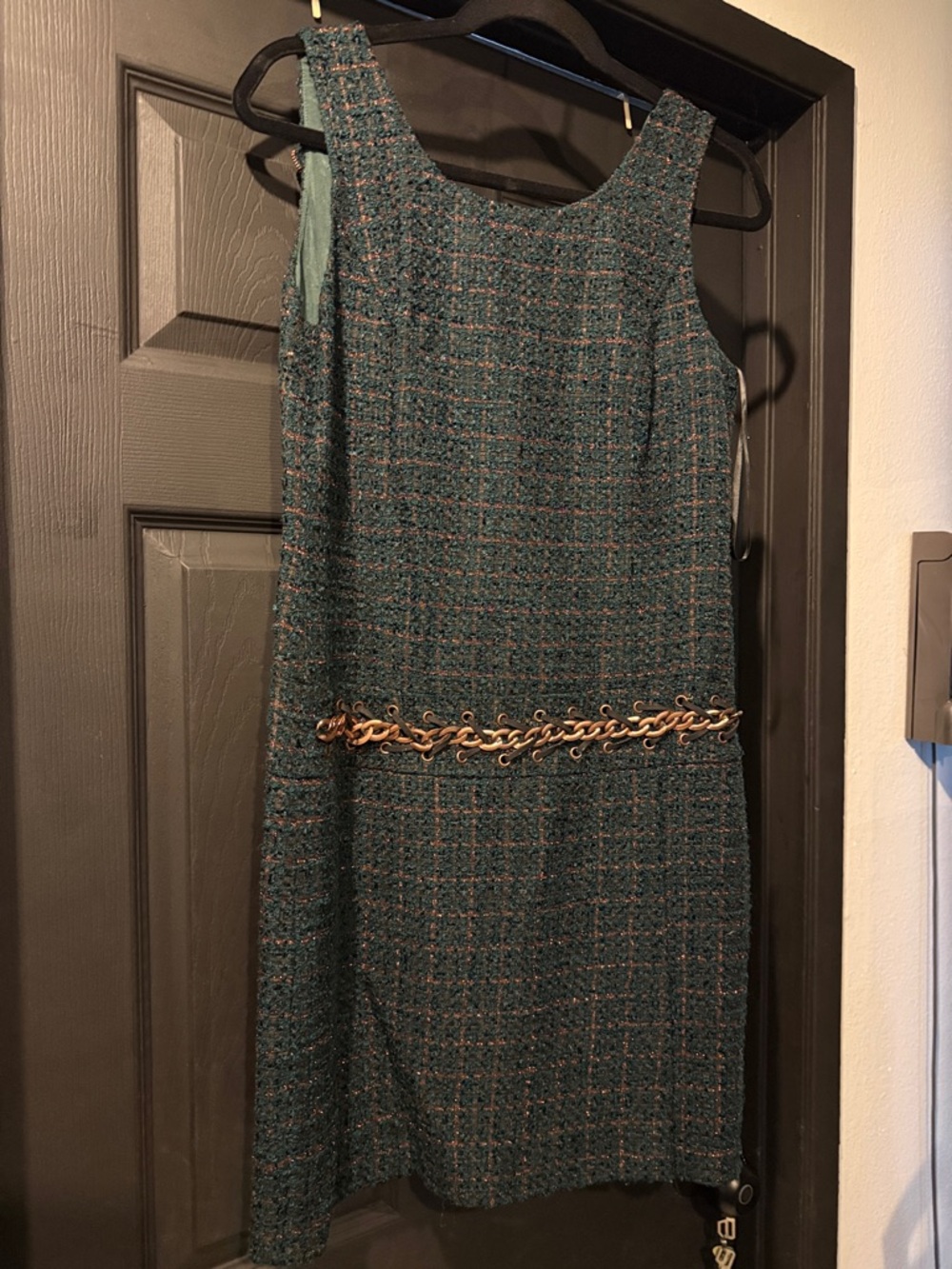 Laundry By Shelli Segal Teal Tweed Midi Dress with Gold Chain